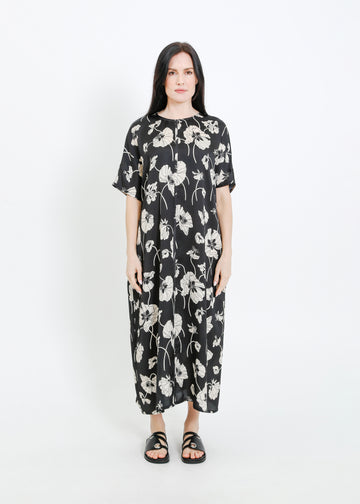 PHOENIX DRESS / FRAGILE BLOOMS - BLACK-CREAM