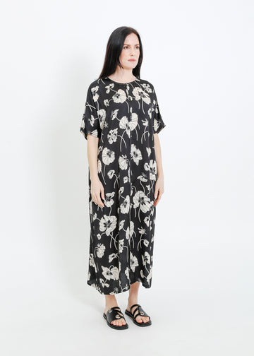 PHOENIX DRESS / FRAGILE BLOOMS - BLACK-CREAM