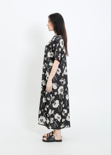 PHOENIX DRESS / FRAGILE BLOOMS - BLACK-CREAM