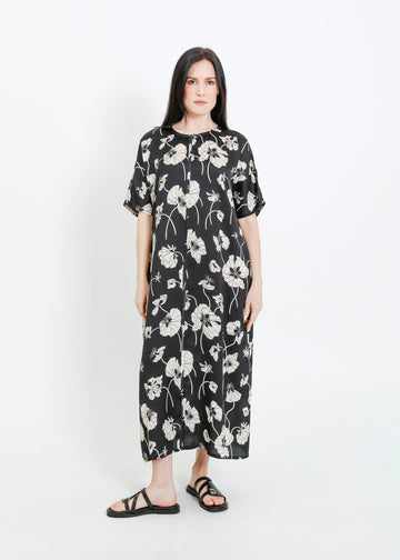 PHOENIX DRESS / FRAGILE BLOOMS - BLACK-CREAM