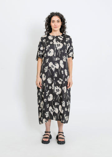 PHOENIX DRESS / FRAGILE BLOOMS - BLACK-CREAM
