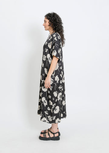 PHOENIX DRESS / FRAGILE BLOOMS - BLACK-CREAM