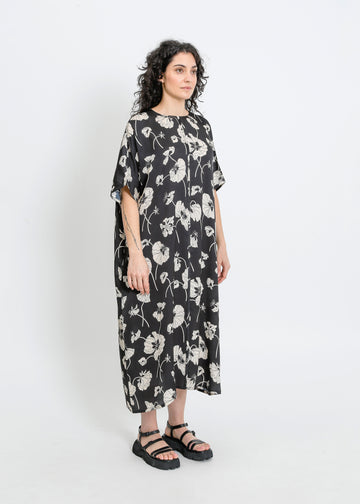 PHOENIX DRESS / FRAGILE BLOOMS - BLACK-CREAM