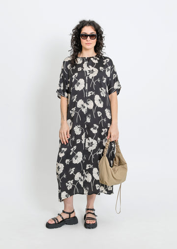 PHOENIX DRESS / FRAGILE BLOOMS - BLACK-CREAM