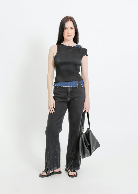 ANGEL PLEAT TOP / BLACK-TEAL