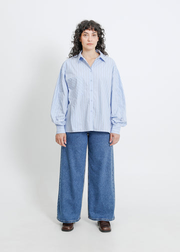 SATINE SHIRT / BLUE-BEIGE